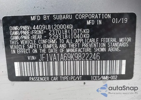 2019 Subaru Wrx из США, поврежденный, VIN JF1VA1A69K9822246